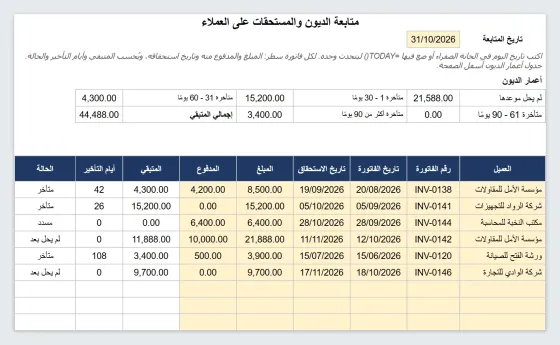 متابعة الديون والمستحقات وأعمار الديون إكسيل